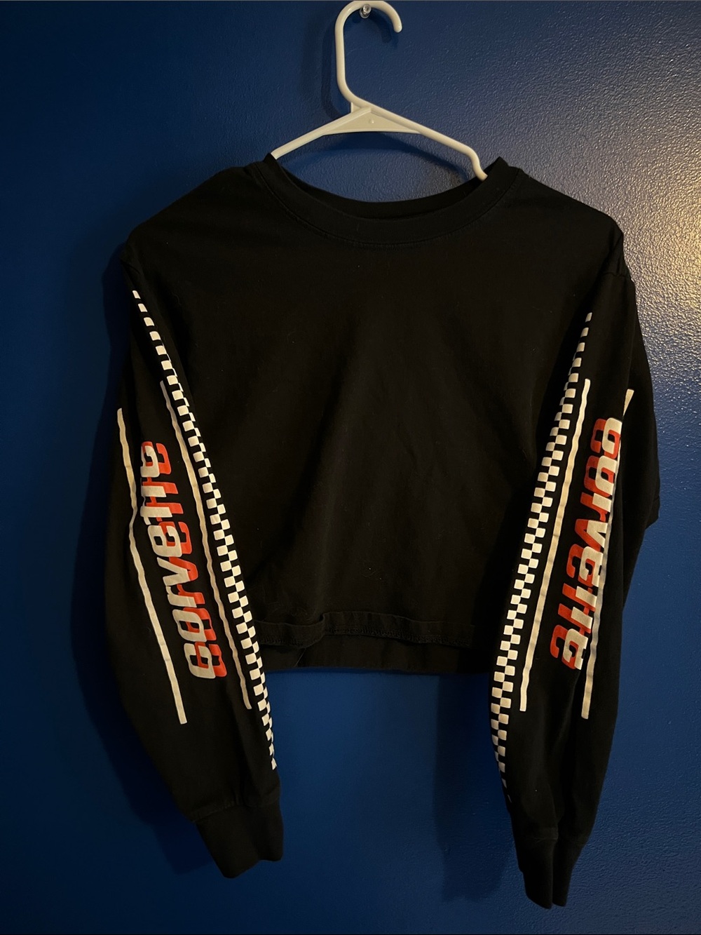 Black Cropped Long Sleeve with Red/White Sleeve Graphics and Graphic on back